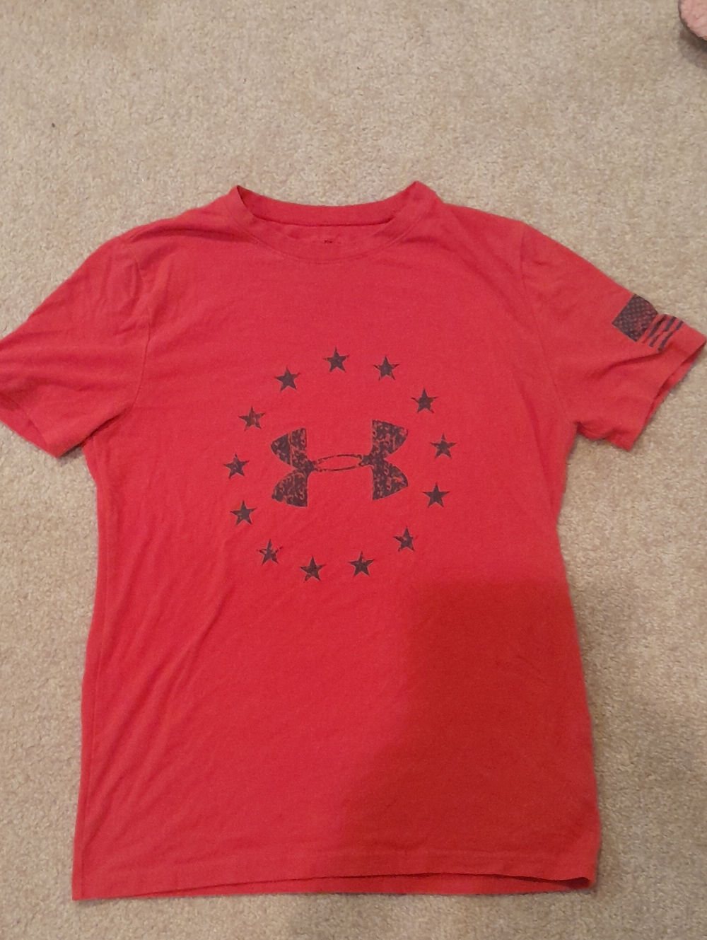 Under Armour Youth Large Red Tee with Dark Navy Blue Star And Flag Emblem